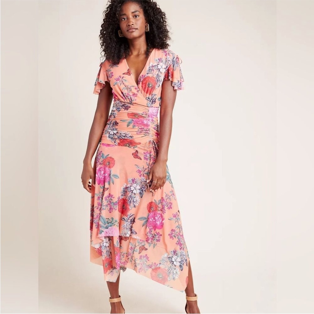 Anthropologie Maeve Simone Peach Floral Midi Dress